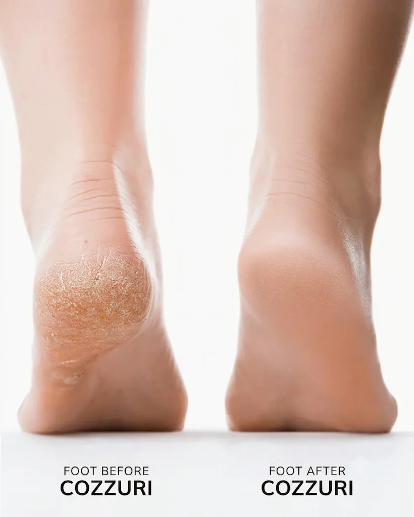 Before and after comparison of a dry cracked heel and a smooth heel following Blunko Silk 3 Pro use