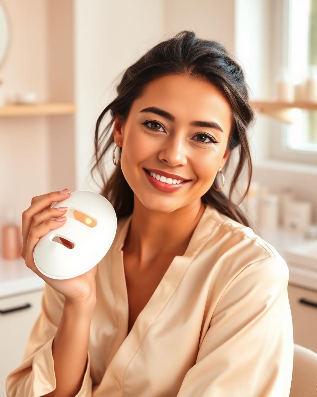 Maya Chen, founder of Blunko, holding the LED face mask